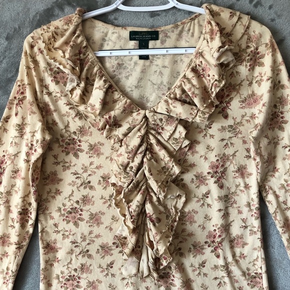 Lauren Jeans Co. Ruffle Neck Top Size S Long Sleeve Floral Cotton Old Money - Picture 7 of 14